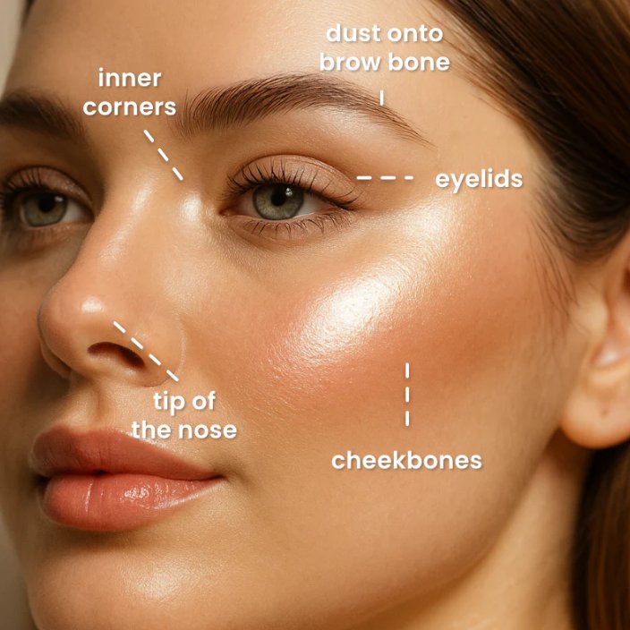 Where to apply: brow bone, eyelids, inner corners, tip of nose, cheekbones