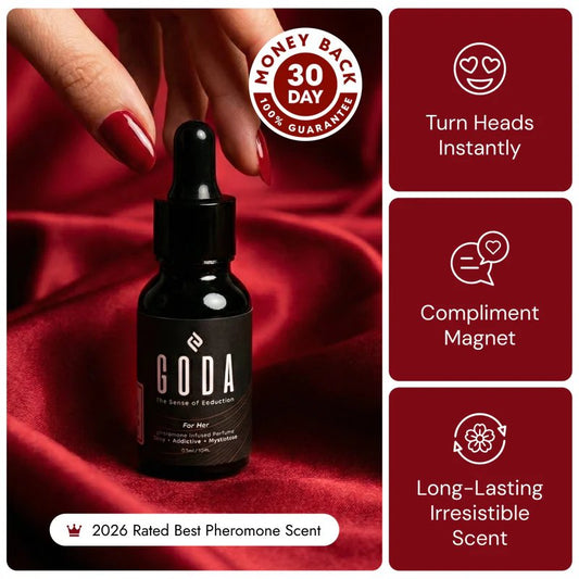 Pheromone perfume oil bottle on red silk