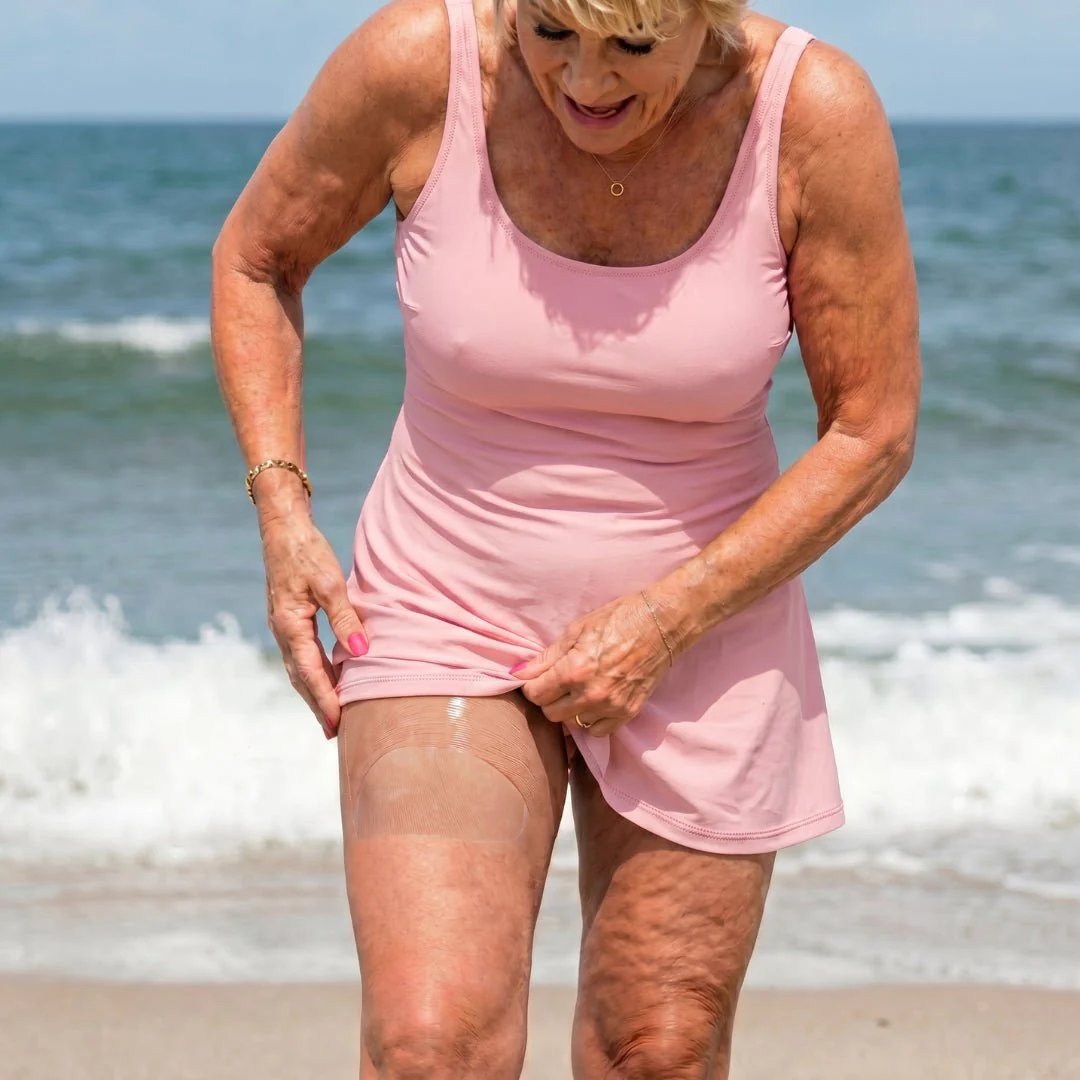 Woman applying smoothing tape at the beach